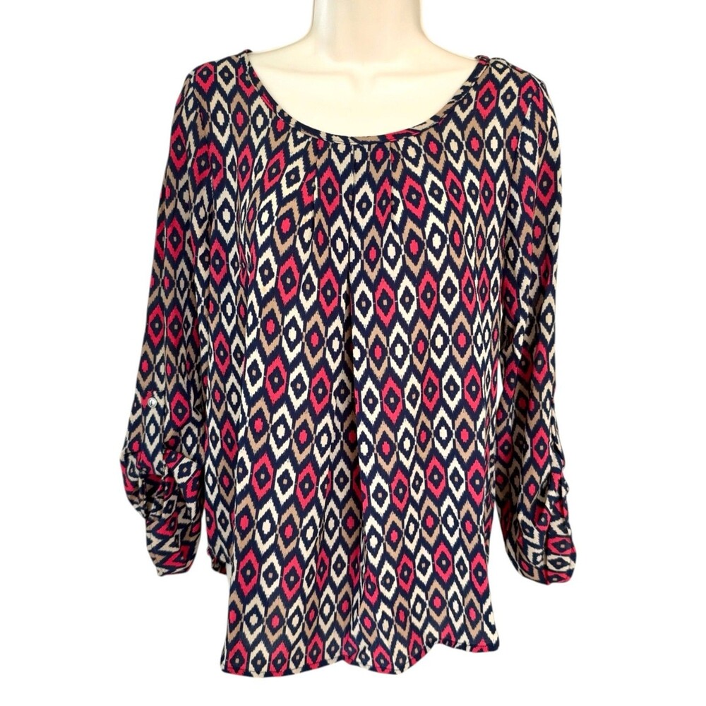 Papermoon Women's Blouse Geometric Print Long Roll Tab Sleeve Size S Multicolor